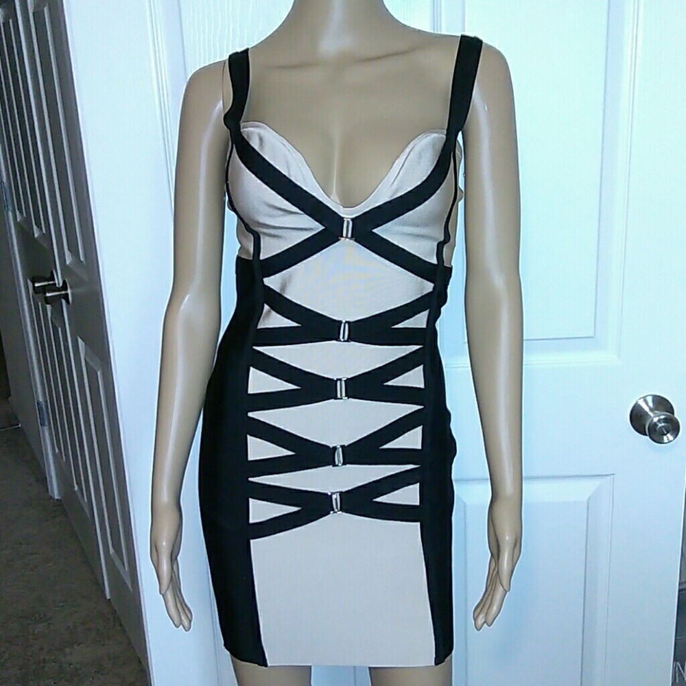 Sexy Nude and Black bandaged Bodycon dress.